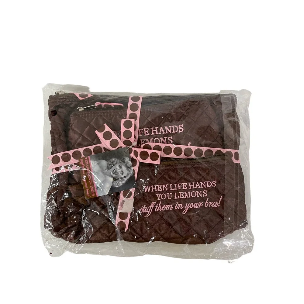 Boutique Travel Bag Set When‎ Life Gives You Lemons Novelty Print Brown Quilted